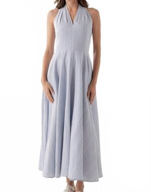 NEW ELLE GREY v-neck midi stress pinstripe dress in blue/white